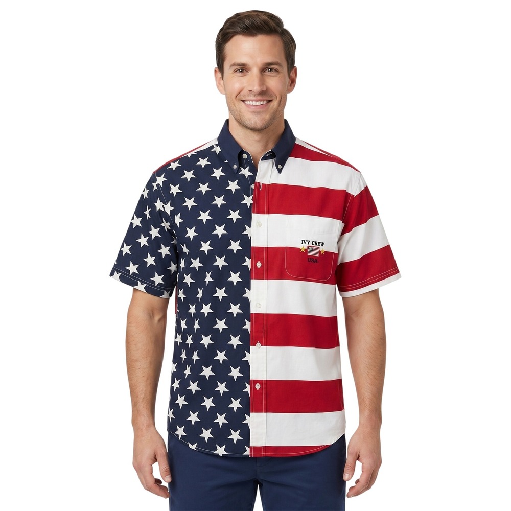 Ivy Crew Mens American Flag Shirt Large Stars Stripes Patriotic Button Down USA